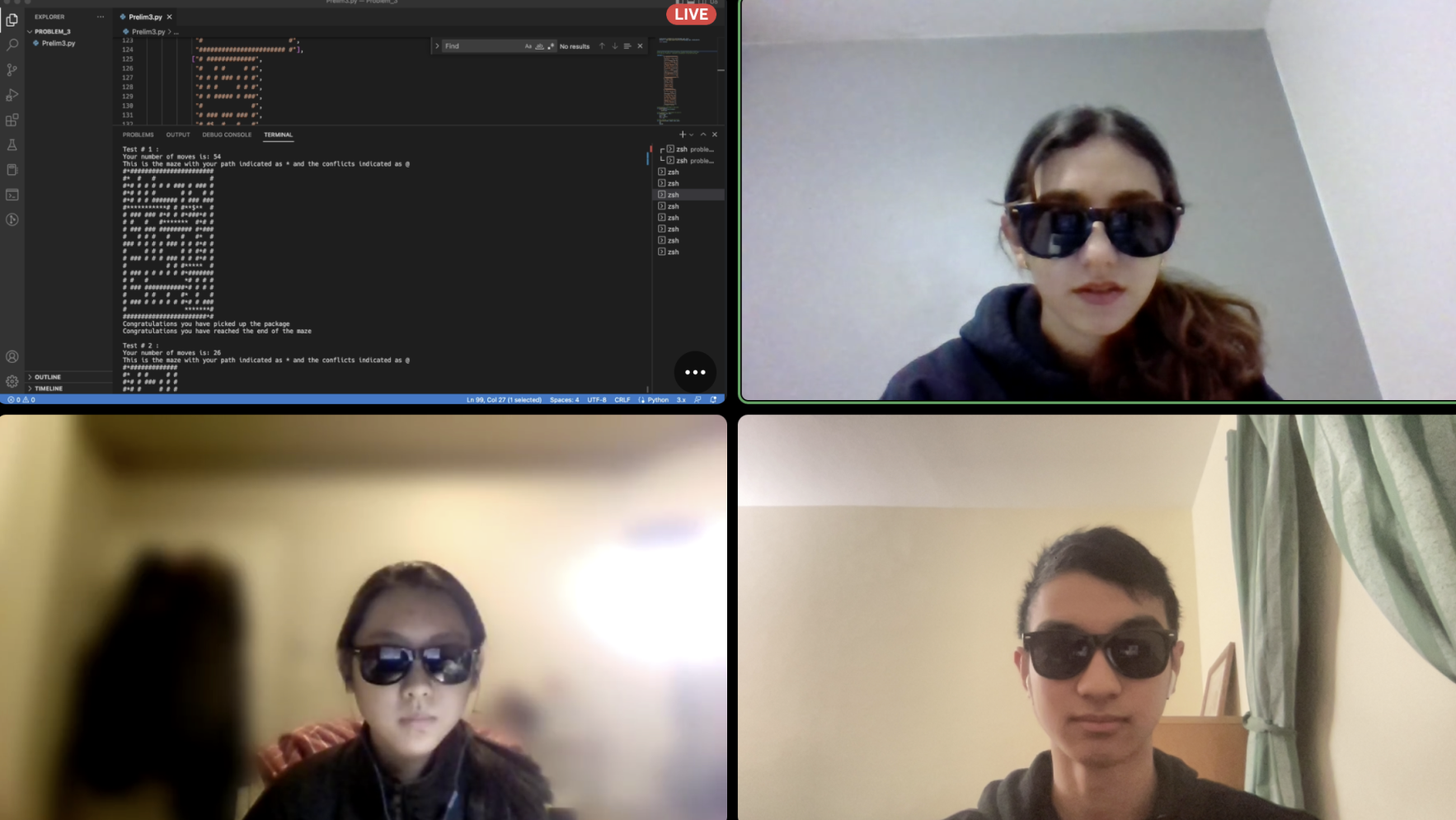 Carolyn, Andrea, and Vincent on a ZOOM call with sunglasses