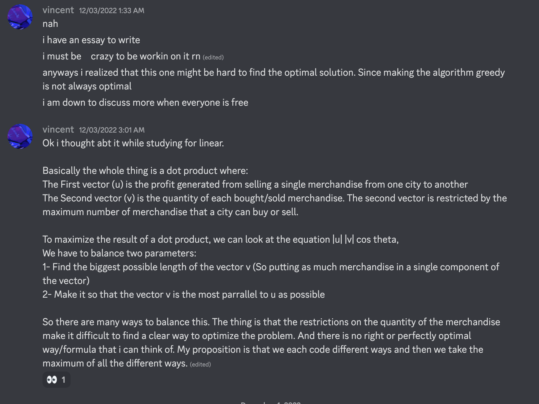 Screenshot of Vincent thinking of the solution of the first problem on Discord